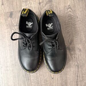 Dr. Martens Black Leather Oxfords with Yellow Stitching